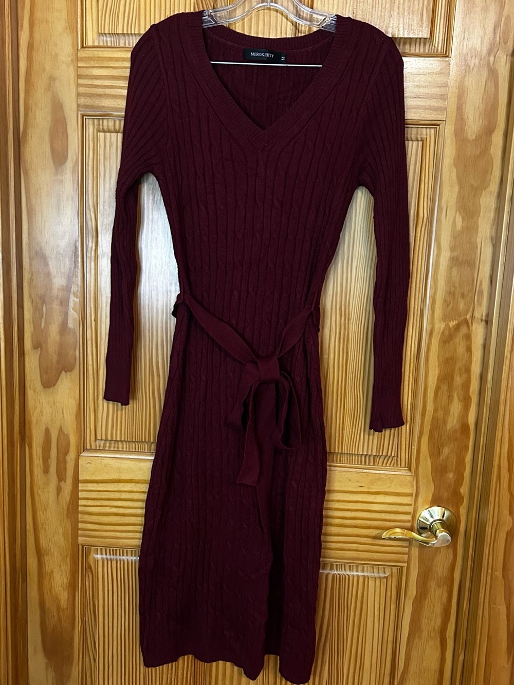 Merona Burgundy Cable-Knit V-Neck Midi Sweater Dress with Self-Tie Waist